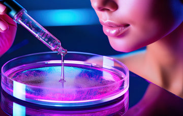 טיפת מייקאפ יוקרתי בתוך כלי מעבדה מזכוכית, תחת תאורה טכנולוגית בגווני ורוד וסגול.