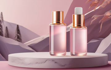 בקבוק סרום זכוכית יוקרתי עם משאבת זהב על מעמד אבן מינימליסטי, תאורה רכה בגווני ורוד וסגול