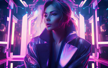 אישה במעיל צמר סגול יוקרתי מול מסך דיגיטלי, מציגה מראה איפור מוקפד ומואר באווירה טכנולוגית ואצילית.