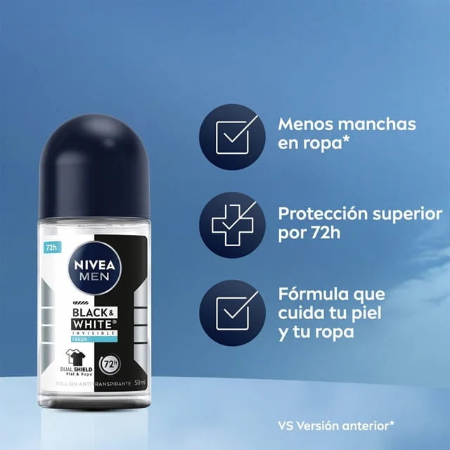 NIVEA MEN Black & White Invisible Fresh | ניביאה מן דאודורנט רול-און אנטי-פרספירנט לגבר למניעת כתמים עד 72 שעות (50 מ"ל)