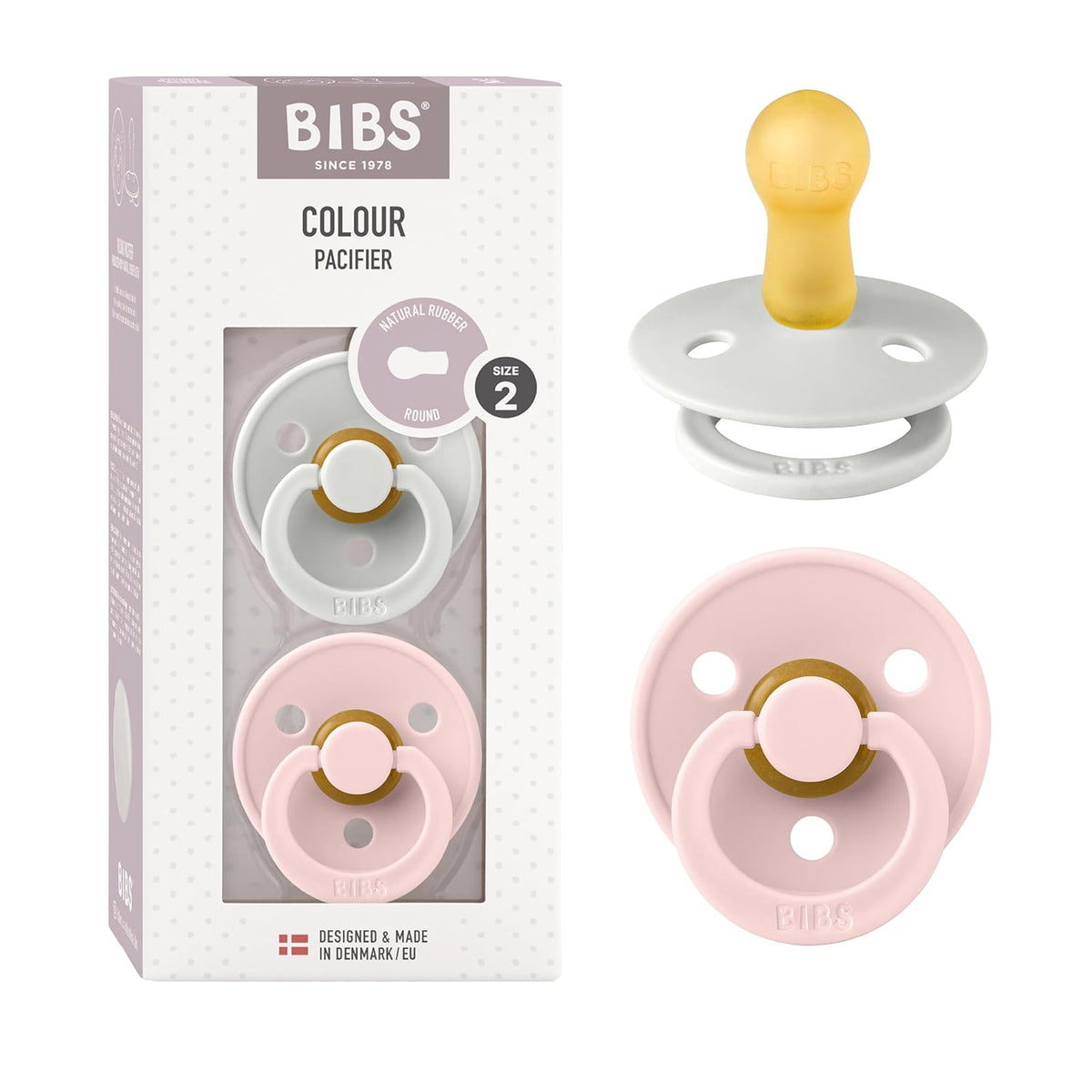 מארז זוג מוצצי גומי טבעי דניים ביבס BIBS Colour Size 2 לגילאי 6-18 חודשים עם פטמת דובדבן עגולה, בעיצוב פסטל ילדותי רך בגווני ורוד ותכלת.