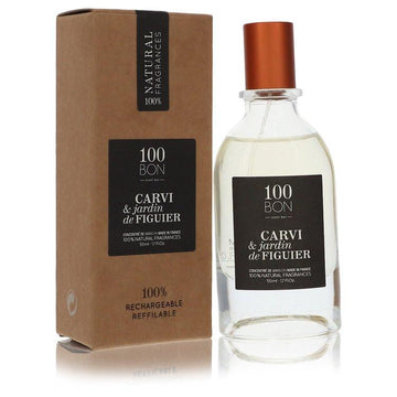 בקבוק בושם 100 Bon Carvi & Jardin de Figuier בעיצוב מינימליסטי ואקולוגי עם נוזל שקוף ותווית ירוקה