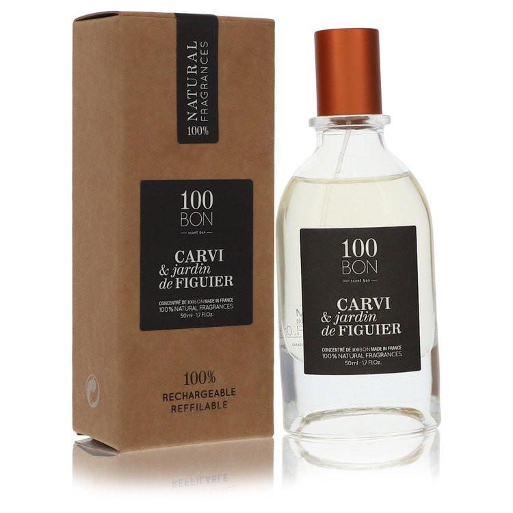 בקבוק בושם 100 Bon Carvi & Jardin de Figuier בעיצוב מינימליסטי ואקולוגי עם נוזל שקוף ותווית ירוקה