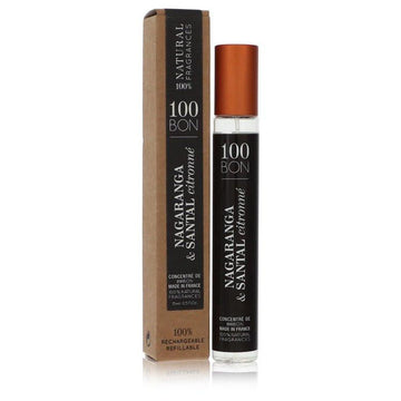 בקבוק בושם מיני 100 Bon Nagaranga & Santal Citronné בעיצוב נקי ואקולוגי עם תווית כתומה מוזהבת