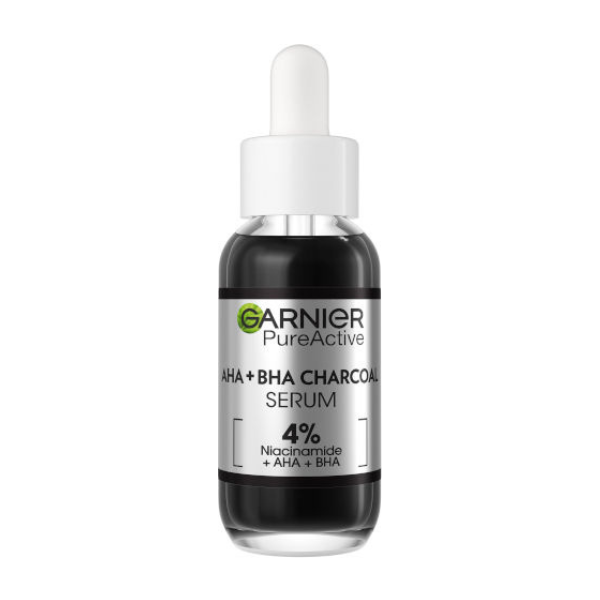 סרום פחם גרנייה Pure Active המכיל חומצות AHA ו-BHA וניאצינאמיד לטיפול בפגמי עור וצמצום נקבוביות 30 מ"ל