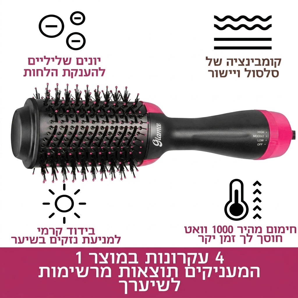 GlamZ | גלמס One Step - מברשת פן חשמלית מהפכנית 3 ב-1 לייבוש, החלקה ועיצוב השיער ב-10 דקות דגם SM-5250