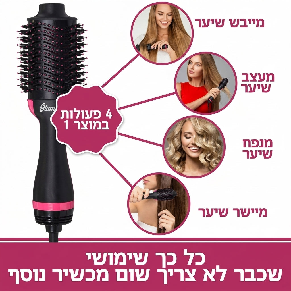 GlamZ | גלמס One Step - מברשת פן חשמלית מהפכנית 3 ב-1 לייבוש, החלקה ועיצוב השיער ב-10 דקות דגם SM-5250