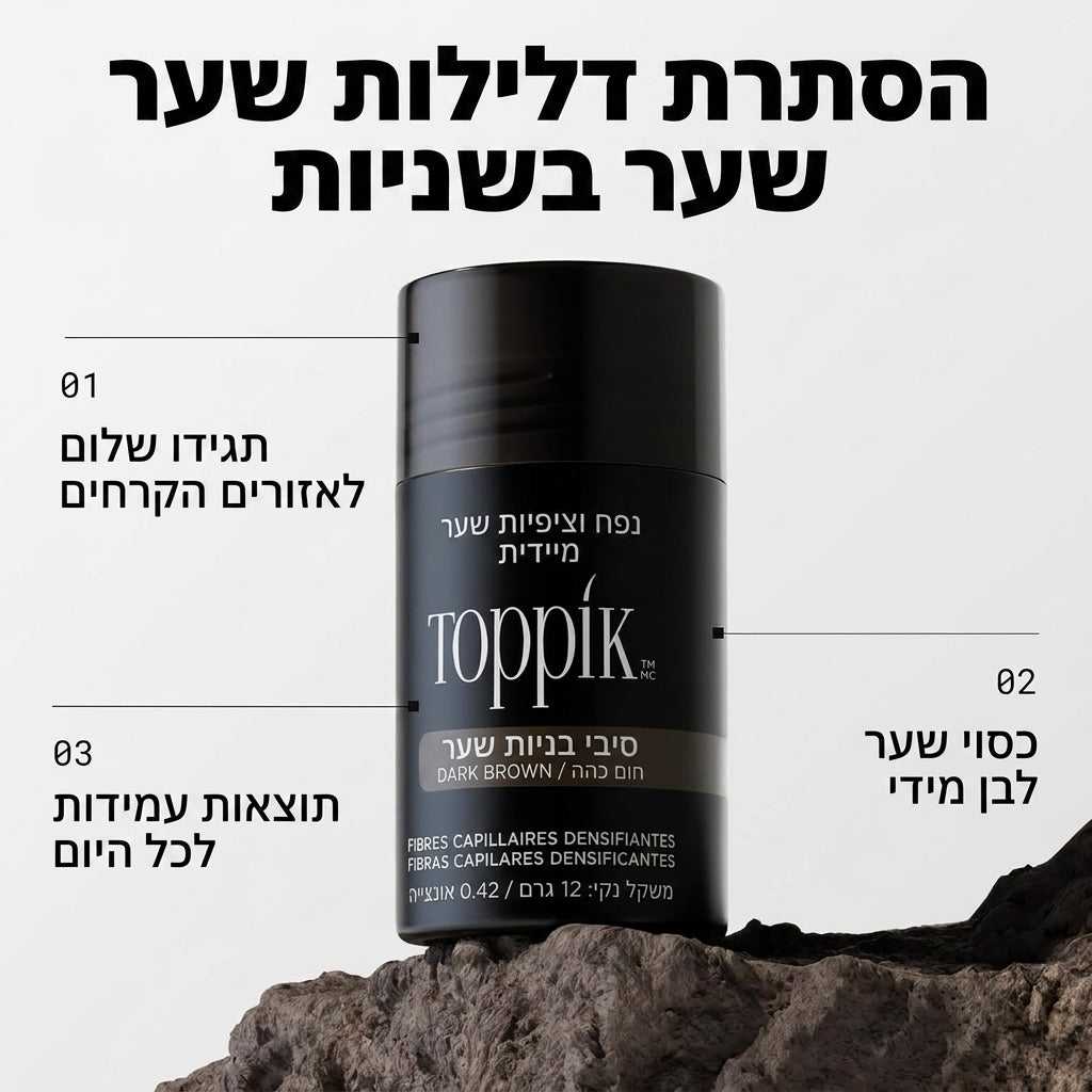 מכל סיבי שיער למילוי שיער דליל וכיסוי התקרחות טופיק שחור לבן Toppik Hair Building Fibers Black & White במשקל 2.08 אונקיות (כ-59 גרם), פורמולה ללא פראבנים לעיבוי ומילוי מיידי, מעוצב בצבעי פוקסיה וורוד קר.