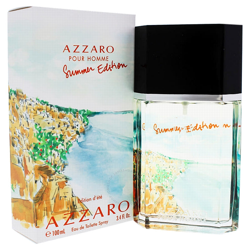 בקבוק בושם לגבר אזארו פור הום מהדורת קיץ Azzaro Pour Homme Summer Edition בנפח 100 מ"ל אודט טואלט, זכוכית מעוצבת באיור נוף הים התיכון ופקק שחור יוקרתי, בצבעי כחול וצהוב כתום.