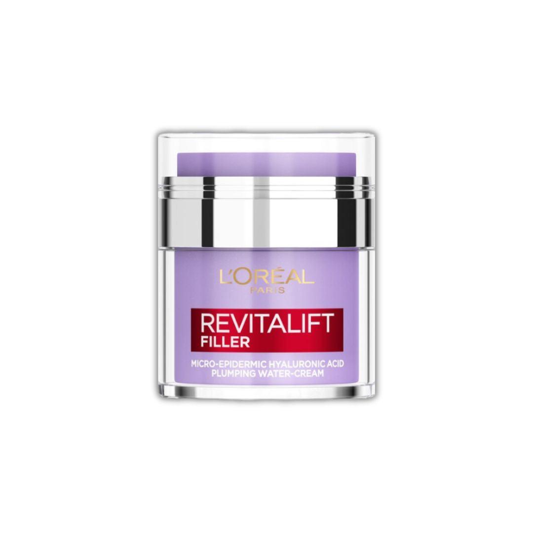 קרם ג'ל לוריאל פריז Revitalift Filler Water Cream בצנצנת לחיצה עם חומצה היאלורונית וסרמידים להשבת נפח