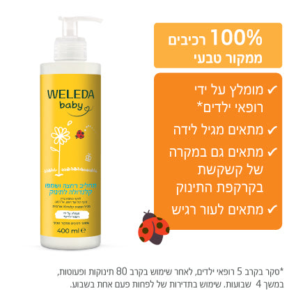 Weleda | וולדה - סדרת הקלנדולה לתינוק | תחליב רחצה ושמפו קלנדולה לניקוי עדין עם משאבה (Calendula Shampoo & Body Wash) - 400 מ"ל