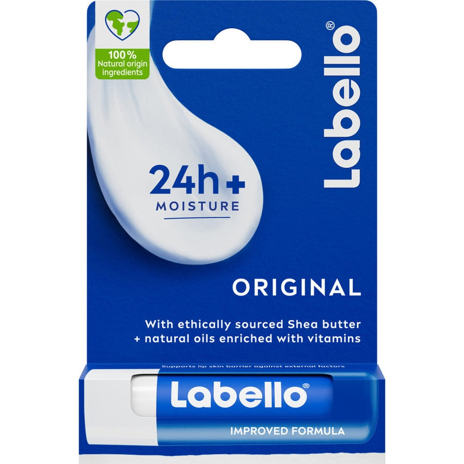 סטיק שפתון לחות לבלו כחול קלאסי Labello Original Classic Care באריזת בליסטר סגורה להזנת שפתיים יבשות ל-24 שעות ללא צבע מועשר בחמאת שיאה 4.8 גרם