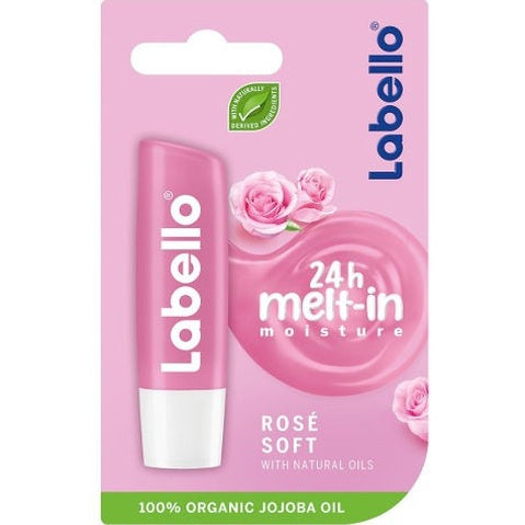 סטיק שפתון לחות לבלו פנינה Labello Pearly Shine מועשר בתמצית פנינים ומשי להזנת שפתיים יבשות ל-24 שעות בגימור ברק סאטן וגוון ורוד מסטיק עדין 5.5 מ"ל