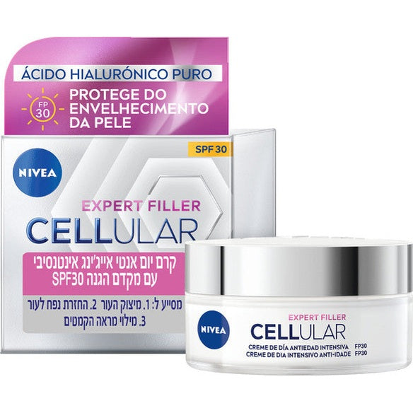 קרם יום ניוואה סלולר אקספרט פילר SPF30 עם חומצה היאלורונית וחומצה פולית למילוי קמטים אינטנסיבי ומיצוק העור