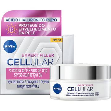 קרם יום ניוואה סלולר אקספרט פילר SPF30 עם חומצה היאלורונית וחומצה פולית למילוי קמטים אינטנסיבי ומיצוק העור