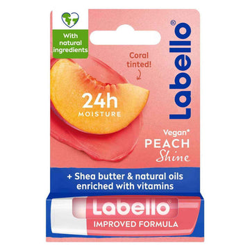 סטיק שפתון לחות לבלו אפרסק Labello Peach Shine להזנת שפתיים יבשות ל-24 שעות בניחוח פירותי עסיסי וגימור צבע קורל מנצנץ בעיצוב כתום אפרסק 4.8 גרם
