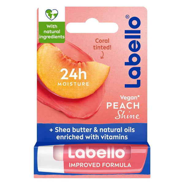 סטיק שפתון לחות לבלו אפרסק Labello Peach Shine להזנת שפתיים יבשות ל-24 שעות בניחוח פירותי עסיסי וגימור צבע קורל מנצנץ בעיצוב כתום אפרסק 4.8 גרם
