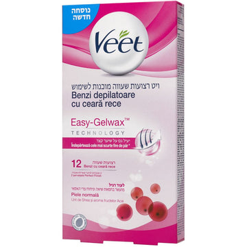 אריזת רצועות שעווה מוכנות לשימוש ויט לעור רגיל Veet Ready-to-Use Wax Strips מועשרות בחמאת שיאה ובניחוח פרי האסאי, יעילות על שיער קצר בעיצוב אריזה יוקרתי של אדום פטל ותכלת 12 יחידות