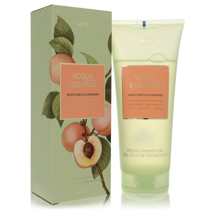 שפופרת ג'ל רחצה 4711 Acqua Colonia White Peach & Coriander בעיצוב יוקרתי עם איורי אפרסק לבן ועלי כוסברה
