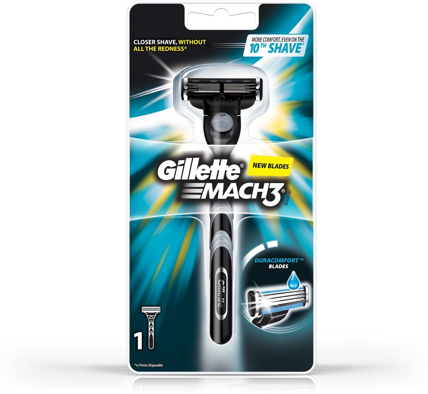 מכשיר גילוח רב-פעמי לגבר ג'ילט מאך 3 Gillette Mach3 Razor Machine הכולל ידית אחיזה ארגונומית יציבה וראש סכין גילוח בעל 3 להבי פלדה חזקים ופס לחות בעיצוב כחול, צהוב וטורקיז