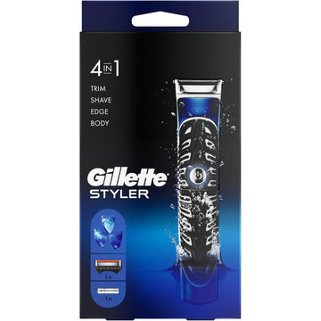 מכשיר גילוח ועיצוב 3 ב-1 לזקן ולשיער פנים Gillette Fusion ProGlide Styler הכולל 3 מסרקי אורך בעיצוב כחול מטאלי כסף ושחור מבית ג'ילט