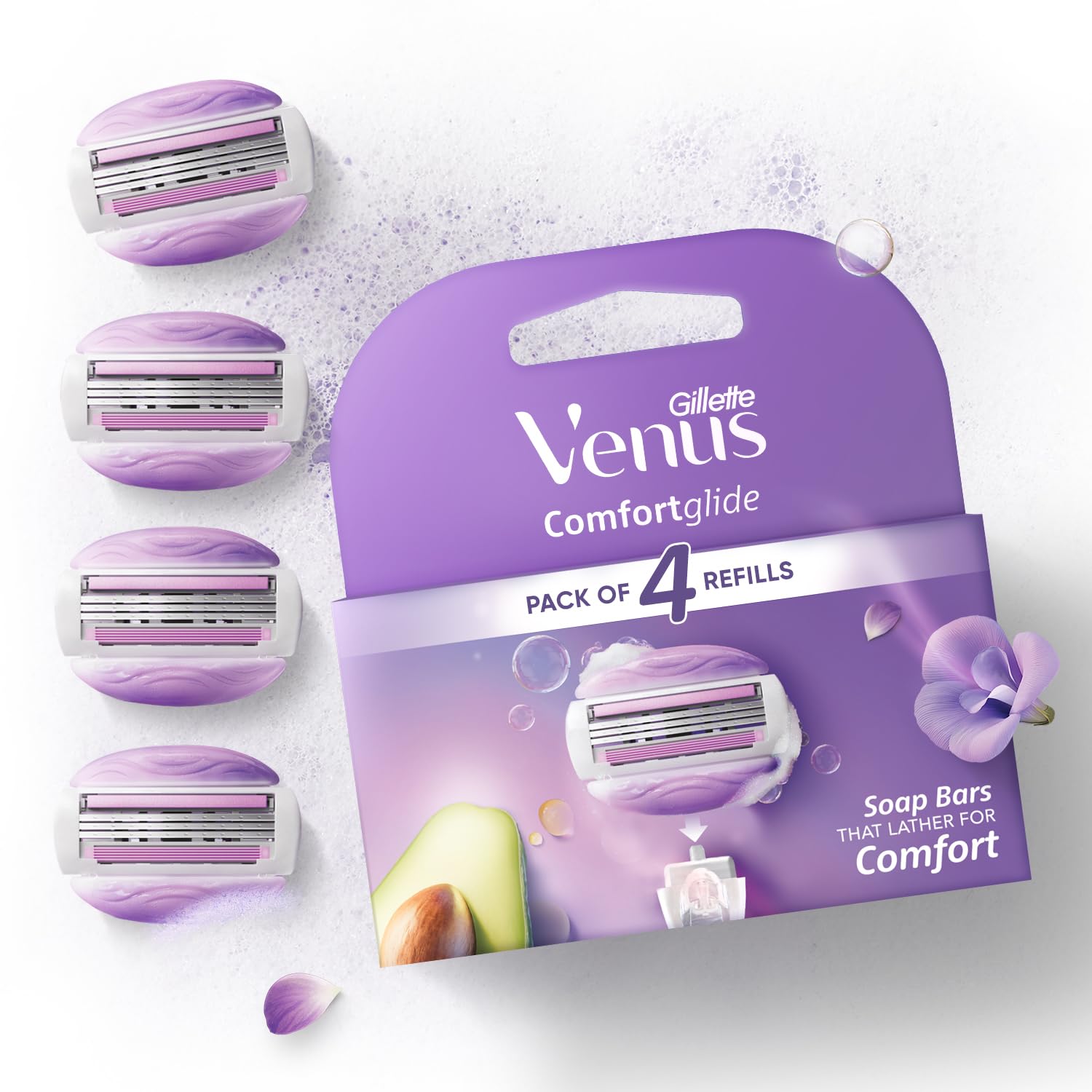 מארז רביעיית סכיני גילוח להחלפה לנשים Gillette Venus Comfortglide בריח אבוקדו ופרזיה עם פסי ג'ל סבון מובנים בעיצוב סגול לילך