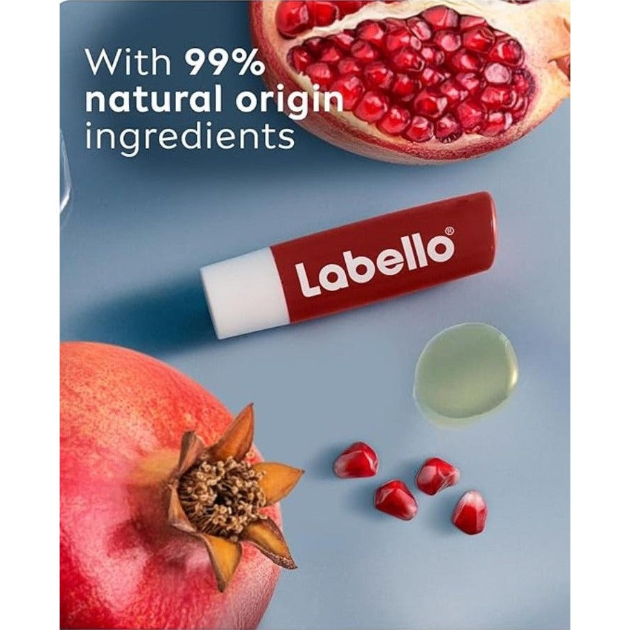 לבלו שפתון לחות והזנה בניחוח רימון LABELLO POMEGRANATE SHINE | מארז הידרציה יוקרתי ואפקט ברק אדום עמוק