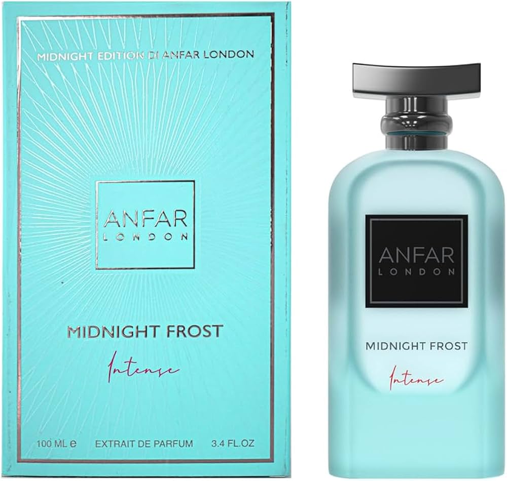 בקבוק בושם יוקרתי Anfar London Midnight Frost Intense בעיצוב כחול קריסטלי וזהב, המקרין נשיות זוהרת, רעננות קרירה וסטייל של בישום נישה ערבי עילית