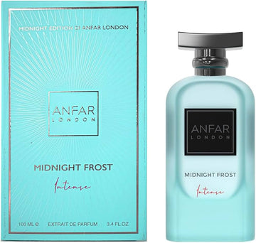 בקבוק בושם יוקרתי Anfar London Midnight Frost Intense בעיצוב כחול קריסטלי וזהב, המקרין נשיות זוהרת, רעננות קרירה וסטייל של בישום נישה ערבי עילית