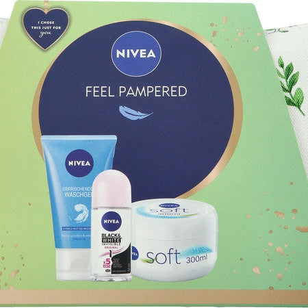 מארז טיפוח ניוואה לאישה Feel Pampered הכולל תיק רחצה, ג'ל ניקוי פנים מרענן, דאודורנט רול-און וקרם לחות רב-שימושי