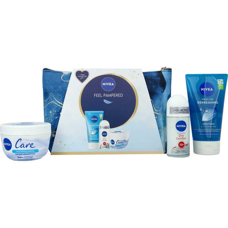 מארז מתנה ניוואה לאישה Feel Pampered כולל תיק רחצה, קרם לחות רב-שימושי, דאודורנט רול-און דריי קומפורט וסבון פנים