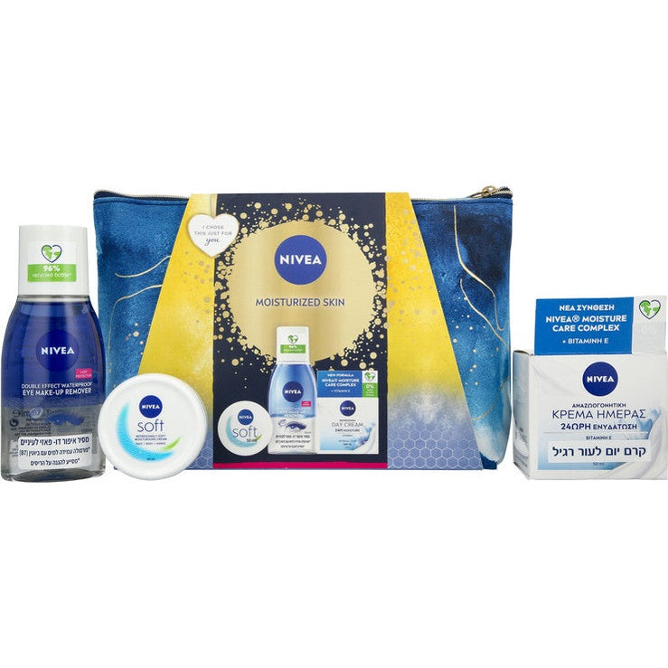 מארז טיפוח ניוואה Double Effect הכולל מסיר איפור עיניים דו-פאזי, קרם לחות לפנים וקרם לחות רב-שימושי כחול