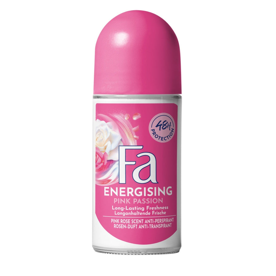 בקבוק דאודורנט רול און לנשים פה פינק פשן Fa Pink Passion להגנה רציפה של 48 שעות מפני זיעה בניחוח ורדים דומיננטי וממריץ חושים בעיצוב ורוד פוקסיה 50 מ"ל