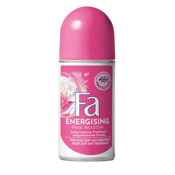 בקבוק דאודורנט רול און לנשים פה פינק פשן Fa Pink Passion להגנה רציפה של 48 שעות מפני זיעה בניחוח ורדים דומיננטי וממריץ חושים בעיצוב ורוד פוקסיה 50 מ"ל