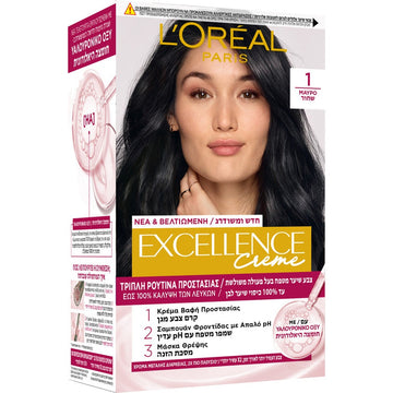 ערכת קרם צבע שיער קבוע לוריאל פריז אקסלנס L'Oréal Paris Excellence Crème לכיסוי מלא של שיער לבן, פורמולה מיוצבת שאינה מטפטפת מועשרת בפרו-קרטין וחומצה היאלרונית עם שגרת טיפוח משולשת