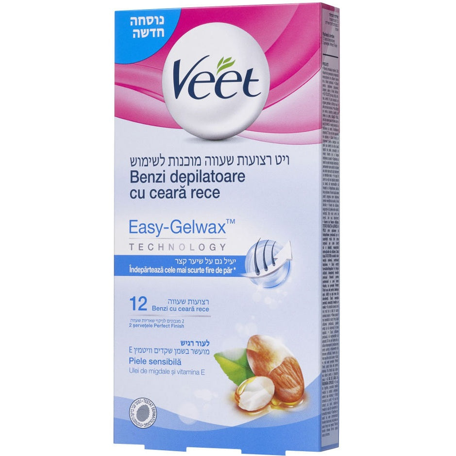 ויט Veet רצועות שעווה מוכנות לשימוש לעור רגיש לגוף ולרגליים מועשרות בשמן שקדים 12 יחידות