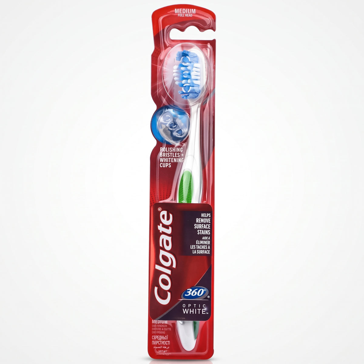 מברשת שיניים קולגייט אופטיק ווייט 360 מדיום Colgate Optic White Medium 360° Toothbrush להלבנה, הסרת כתמים וניקוי עמוק של 360 מעלות, בעיצוב כחול, אדום ולבן