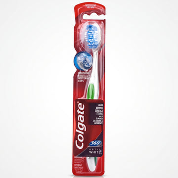 מברשת שיניים קולגייט אופטיק ווייט 360 מדיום Colgate Optic White Medium 360° Toothbrush להלבנה, הסרת כתמים וניקוי עמוק של 360 מעלות, בעיצוב כחול, אדום ולבן