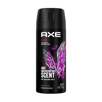 מכל דאודורנט ספריי גוף לגבר Axe Excite ללא אלומיניום להגנה מפני ריחות עד 48 שעות בניחוח קוקוס וקרמל מבית אקס בעיצוב שחור וסגול לילה 150 מ"ל