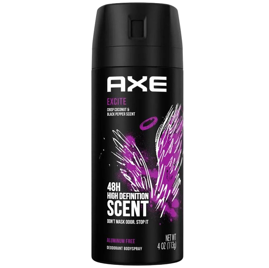 מכל דאודורנט ספריי גוף לגבר Axe Excite ללא אלומיניום להגנה מפני ריחות עד 48 שעות בניחוח קוקוס וקרמל מבית אקס בעיצוב שחור וסגול לילה 150 מ"ל