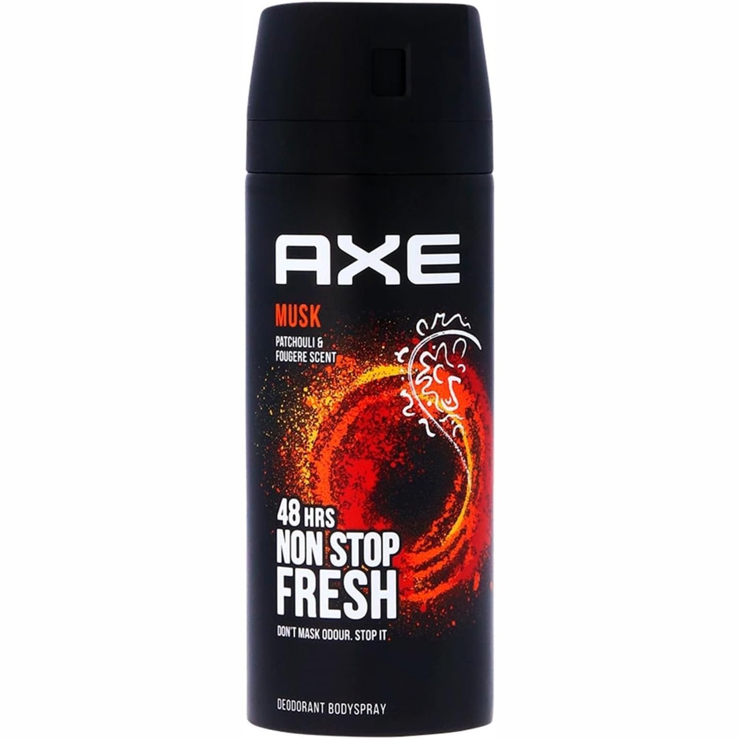 מכל דאודורנט ספריי גוף Axe Musk להגנה ממושכת ורעננות בניחוח מאסק ואגבה מבית אקס בעיצוב חום שוקולד כהה וכתום זהוב 150 מ"ל