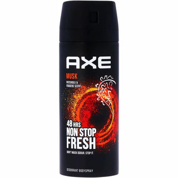 מכל דאודורנט ספריי גוף Axe Musk להגנה ממושכת ורעננות בניחוח מאסק ואגבה מבית אקס בעיצוב חום שוקולד כהה וכתום זהוב 150 מ"ל