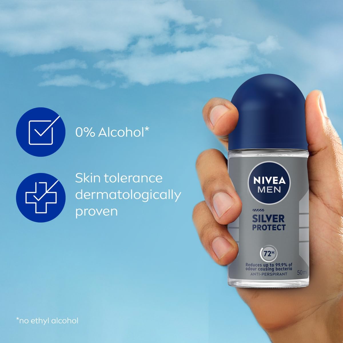 NIVEA MEN Silver Protect | ניוואה מן דאודורנט רול-און אנטי-פרספירנט לגבר עם יוני כסף אנטי-בקטריאליים להגנה עד 48 שעות (50 מ"ל)