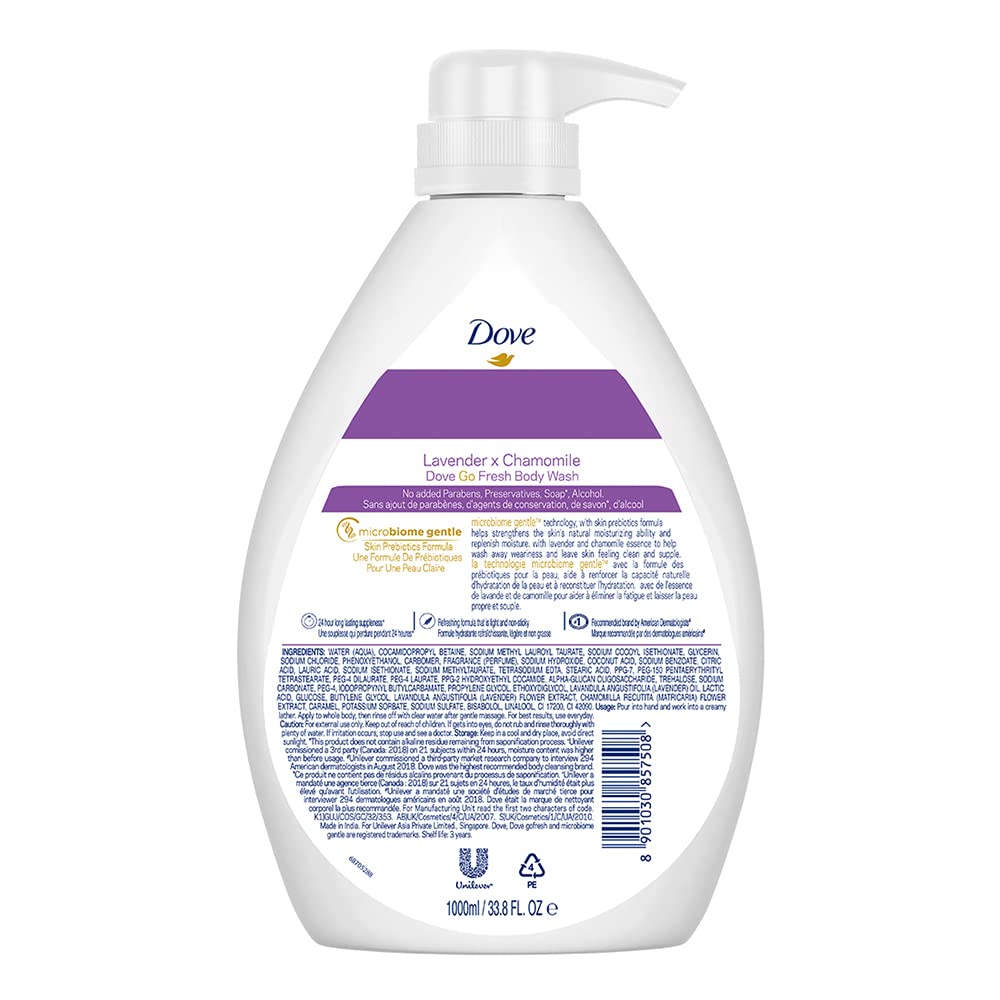 בקבוק תחליב רחצה וסבון גוף דאב Dove Go Fresh Lavender & Chamomile Body Wash בנפח 1 ליטר, המעניק ניקוי ולחות ל-24 שעות עם לבנדר צרפתי וקמומיל, בעיצוב בגווני לילך סגול וזהב.