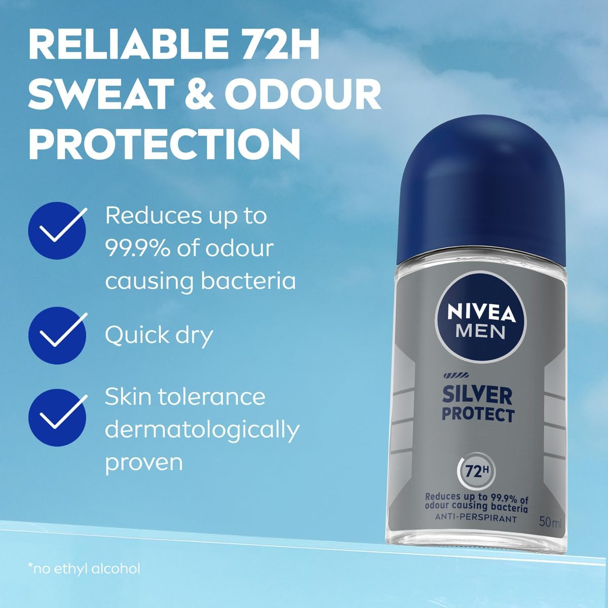NIVEA MEN Silver Protect | ניוואה מן דאודורנט רול-און אנטי-פרספירנט לגבר עם יוני כסף אנטי-בקטריאליים להגנה עד 48 שעות (50 מ"ל)
