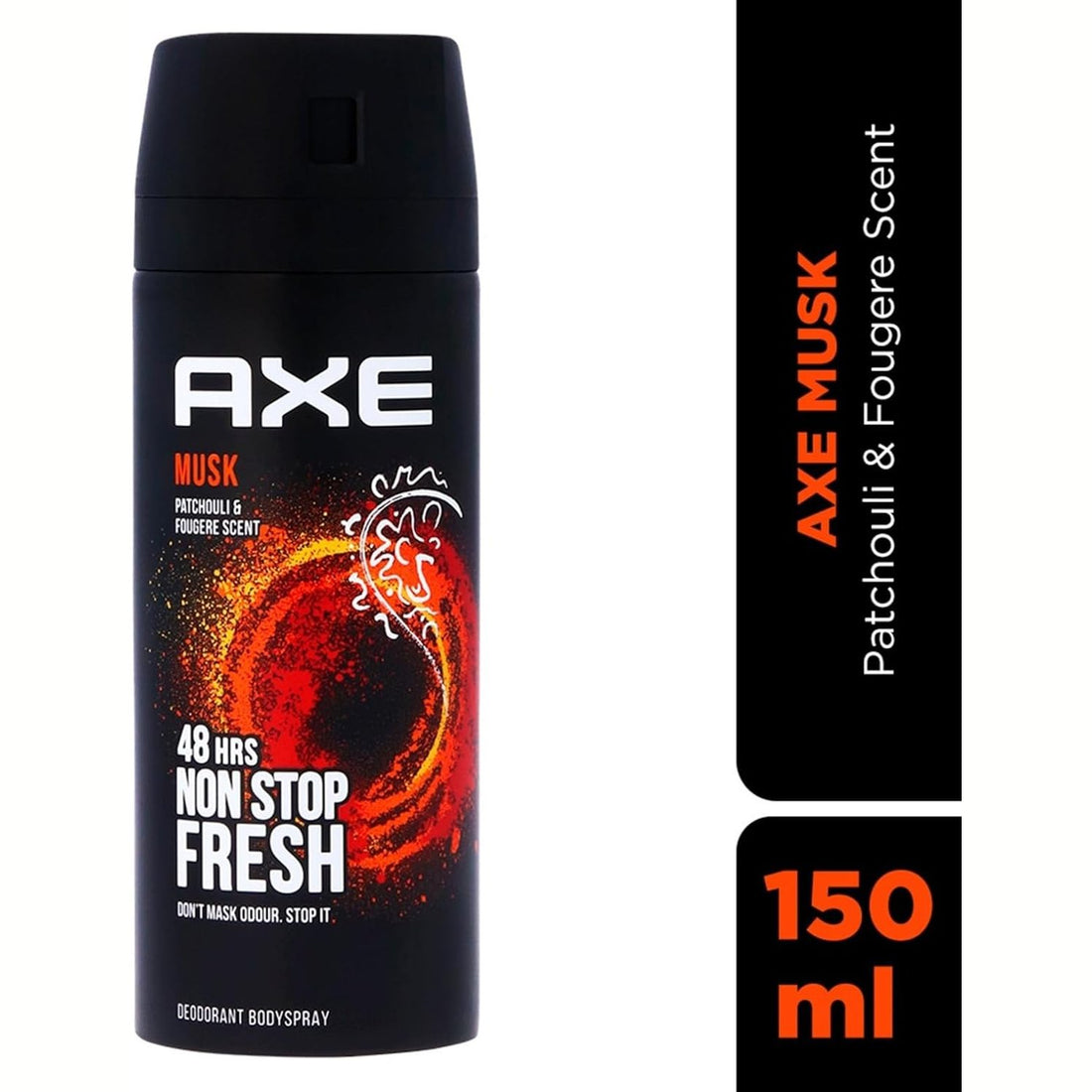מכל דאודורנט ספריי גוף Axe Musk להגנה ממושכת ורעננות בניחוח מאסק ואגבה מבית אקס בעיצוב חום שוקולד כהה וכתום זהוב 150 מ"ל
