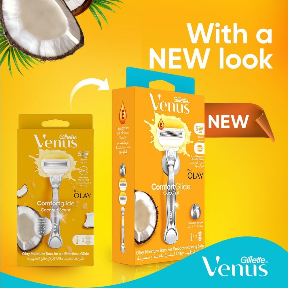 Gillette Venus | ג'ילט ונוס - מכשיר גילוח ComfortGlide קוקוס (ידית + 2 סכינים) | 5 להבים
