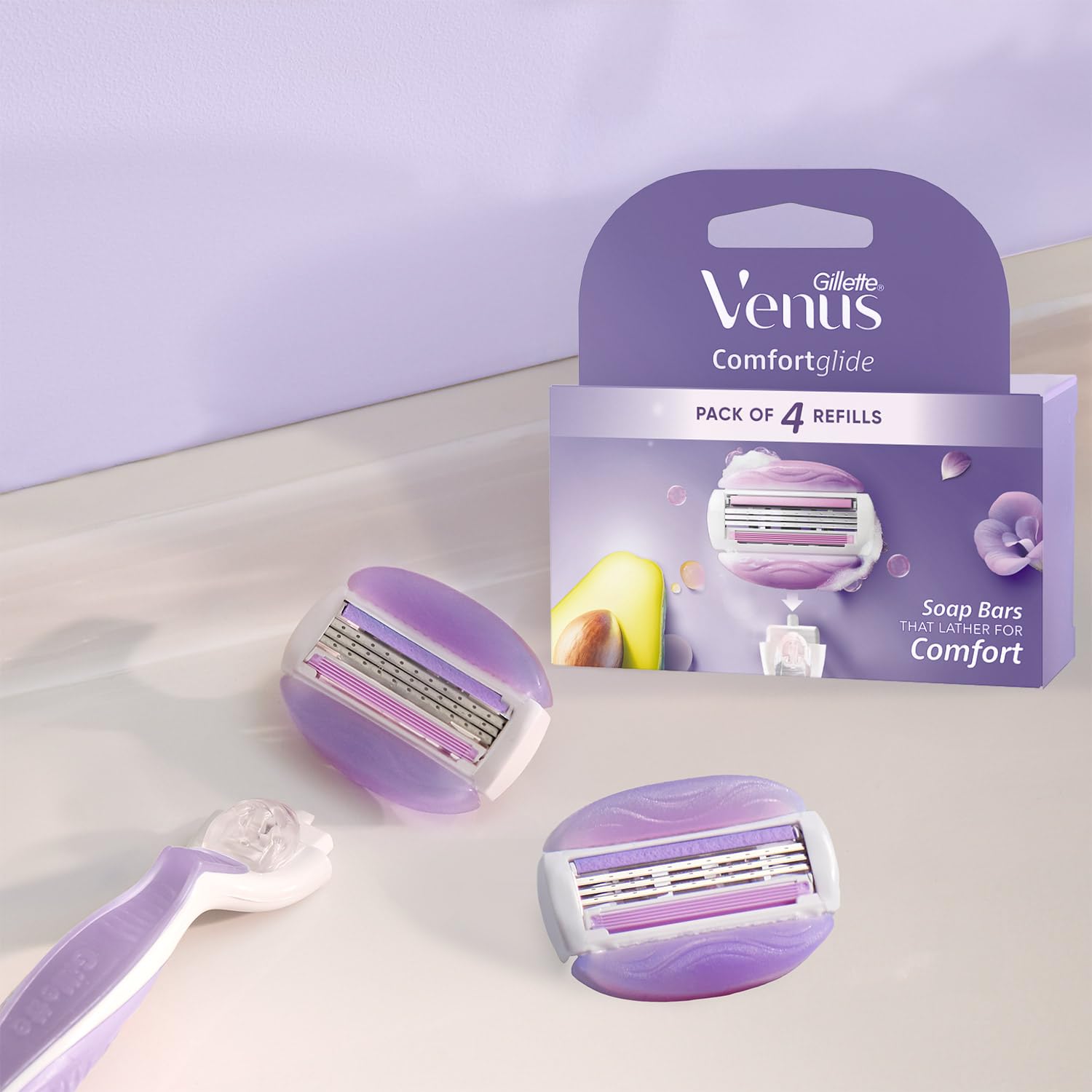 Gillette Venus | ג'ילט ונוס - מארז 4 סכיני גילוח להחלפה Comfortglide בריח אבוקדו ופרזיה