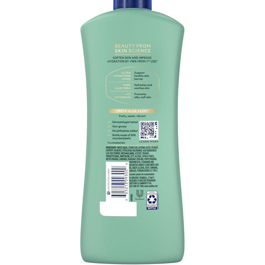 בקבוק תחליב לחות לגוף ולפנים וזלין Vaseline Intensive Care Soothing Hydration בנפח 600 מ"ל מועשר באלוורה ומלפפון, בעיצוב בגווני ירוק אלוורה, כחול וירוק חיוור.