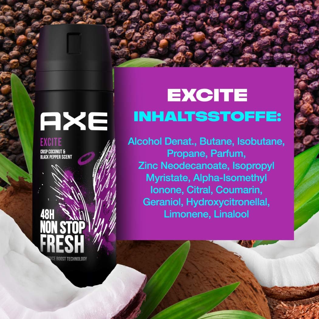AXE | אקס - דאודורנט ספריי גוף ללא אלומיניום להגנה של 48 שעות בניחוח Excite (נפח 150 מ"ל)